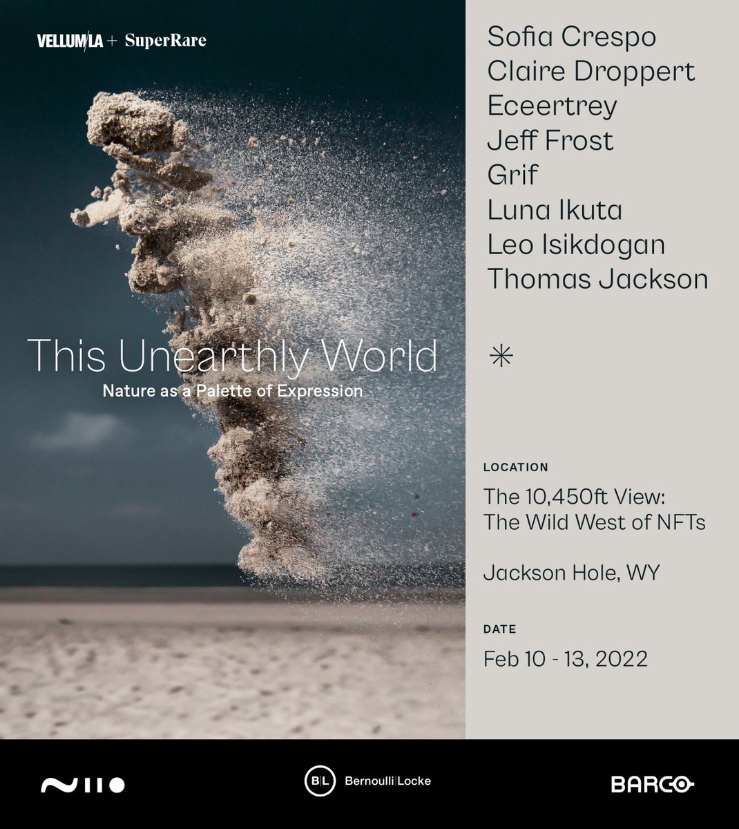 We’re thrilled to announce that @vellum_la will present This Unearthly World, a 3 day group exhibition from 02/10 to 02/13 at The 10,450 Ft View NFT Conference at the <a href="/fsjacksonhole/">Four Seasons Jackson</a> in Jackson Hole, in partnership with us, <a href="/superrare/">SuperRare</a>.co, <a href="/niioart/">niio</a>, &amp; @barcoresidential. +