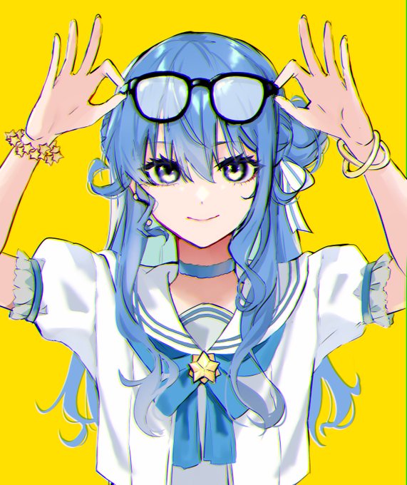 「adjusting eyewear blue hair」 illustration images(Popular)