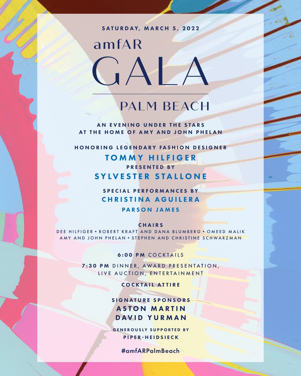 Only 1 month until #amfARPalmBeach! Join us for an intimate evening under the stars honoring <a href="/TommyHilfiger/">Tommy Hilfiger</a> with special performances by <a href="/xtina/">Christina Aguilera</a> and <a href="/ParsonJames/">Parson James</a>. Thank you to our Signature Sponsors <a href="/astonmartin/">Aston Martin</a> and @davidyurman. Champagne generously provided by <a href="/piperheidsieck/">Piper-Heidsieck Champagne</a>.