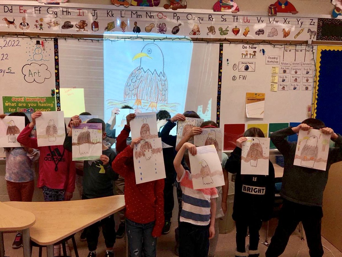 After observing the @DukeFarmsFdn live Bald Eagle cam, 1st graders created original art to show survival adaptations of the bald eagle. One eagle is banded. Great job scientists! <a href="/MissSzierer/">Marianne Szierer</a> <a href="/CopperHillES/">Copper Hill</a> <a href="/FlemRarSchools/">FlemRarSchools</a>  <a href="/wildlifenj/">Conserve Wildlife NJ</a>