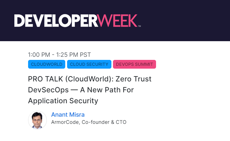 code_armor's tweet photo. Our CTO Anant Misra is giving a #ProTalk on #CloudWorld's Main Stage during @DeveloperWeek! Join him at 1pm PT on Feb 9th to learn about #zerotrust #DevSecOps:
https://t.co/9nwW0Ih1v5
#DEVWEEK2022 #DevOpsSummit #ArmorCode #AppSecOps #securityleaders #BeCyberSmart https://t.co/LUPF2azNOw