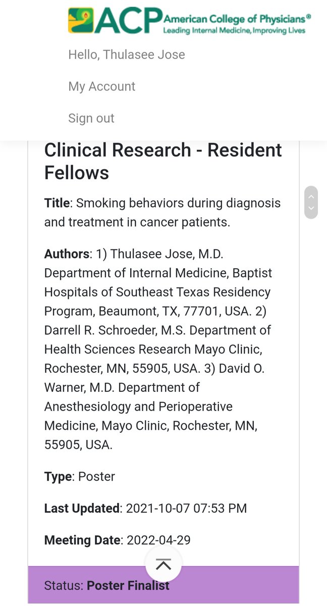drtulsijose's tweet photo. It is an honor to represent @MayoAnesthesia
@BHSET &amp; @Texas_ACP at the @ACPinternists National Abstracts Competition. @BhsetI is a new IM program &amp; our abstract will compete in National Poster Competitions at the @ACP #InternalMedicine Meeting 2022 in #Chicago, IL. #MedTwitter https://t.co/92nOgiHyvK