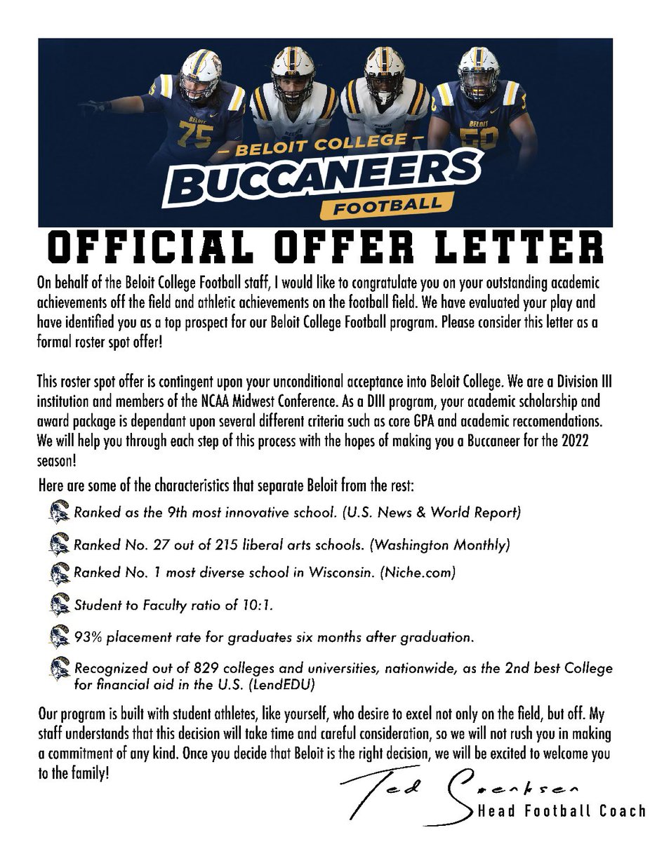 #AGTG After a great phone call with <a href="/CoachWillStrong/">William Affognon</a> I am blessed to say I have received an offer from <a href="/BeloitBucsFB/">BeloitBucsFootball</a> blessed with another opportunity!