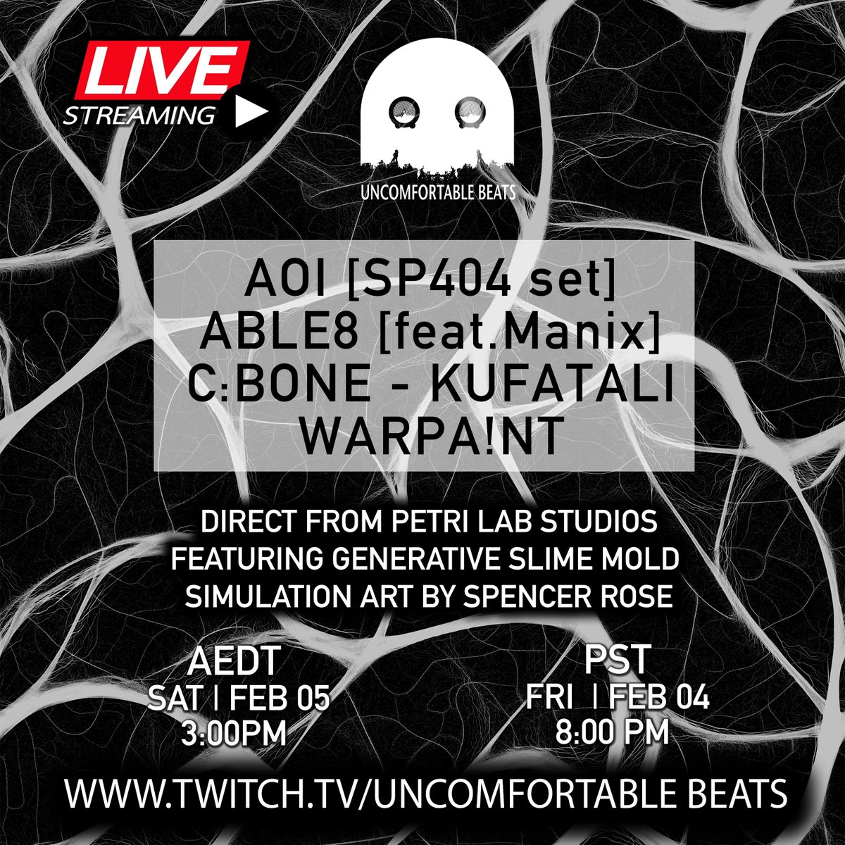 Today we are live streaming on #twitch from 3PM AEDT with special guests AOI, Able8, C:Bone (T Bone + C:1), Kufatali &amp; Warpa!nt.  Live from Petri Lab Studio, featuring unique generative slime mold #simulation artwork. Expect some dope wall #projections and #lasers!