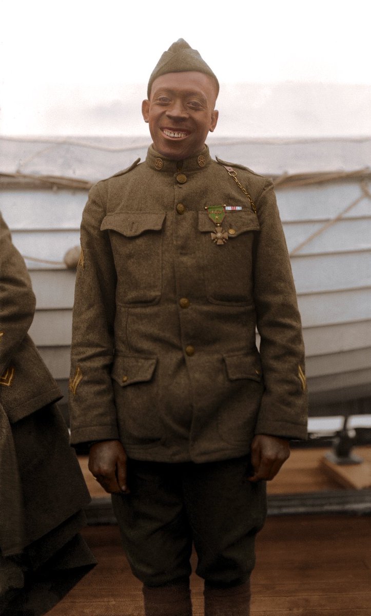 AfricanArchives's tweet photo. Sergeant William Henry “Black Death” Johnson of the 369th Infantry Regiment (Harlem Hellfighters). In North France, Johnson single-handedly fought off a German raiding party receiving 21 wounds in order to save fellow soldier Private Needham Roberts. #BlackHistoryMonth https://t.co/qdcnP0PGLx