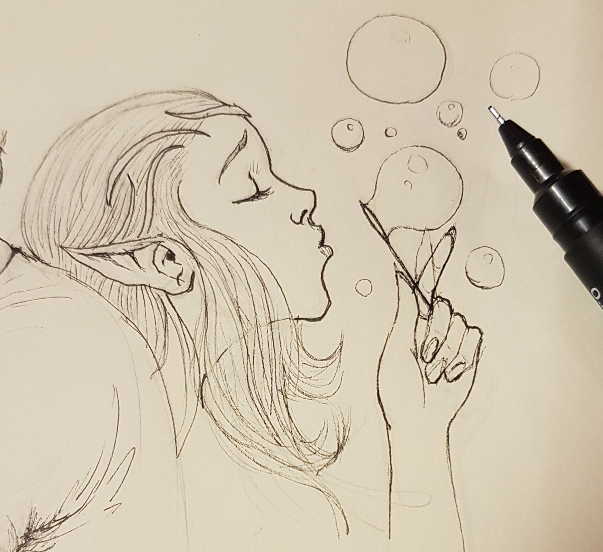 "Elf girl making bubbles." 