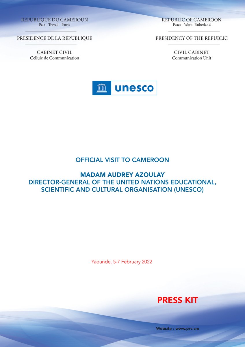 PRC_Cellcom's tweet photo. Official visit to Cameroon of Madam Audrey Azoulay, Director-General of the United Nations Educational, Scientific and Cultural Organisation (UNESCO).
Download the press kit: 👉https://t.co/KlI9l6U5nN
#Cameroon 
#UNESCO https://t.co/RLZSI7mGnH