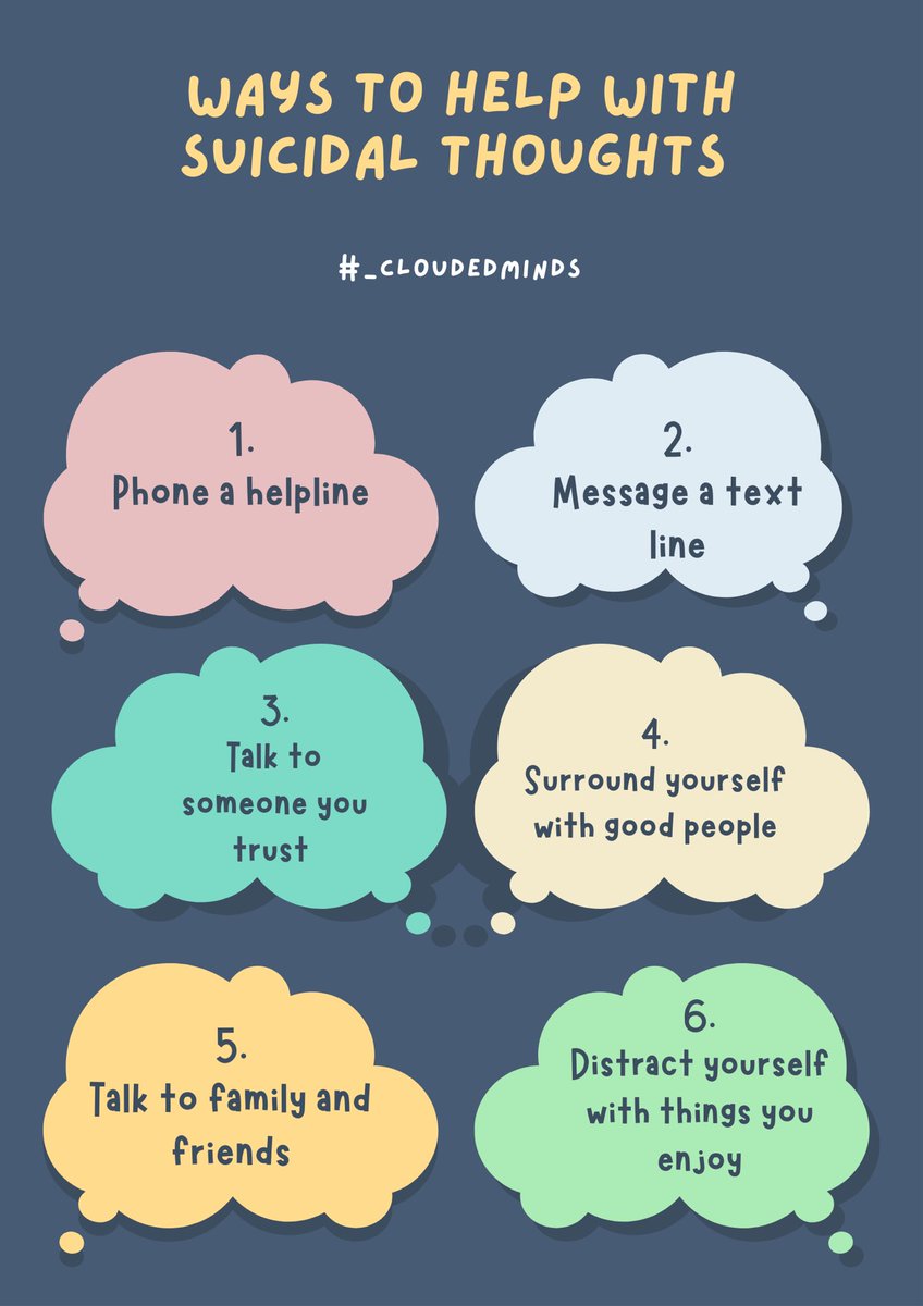 _CloudedMinds's tweet photo. Today’s post is about ways to help with Suicidal Thoughts! Share to anyone you know is struggling and remember #ItsOkayToNotBeOkay #CloudedMinds #ClearTheFog https://t.co/l1bkbQlf4A