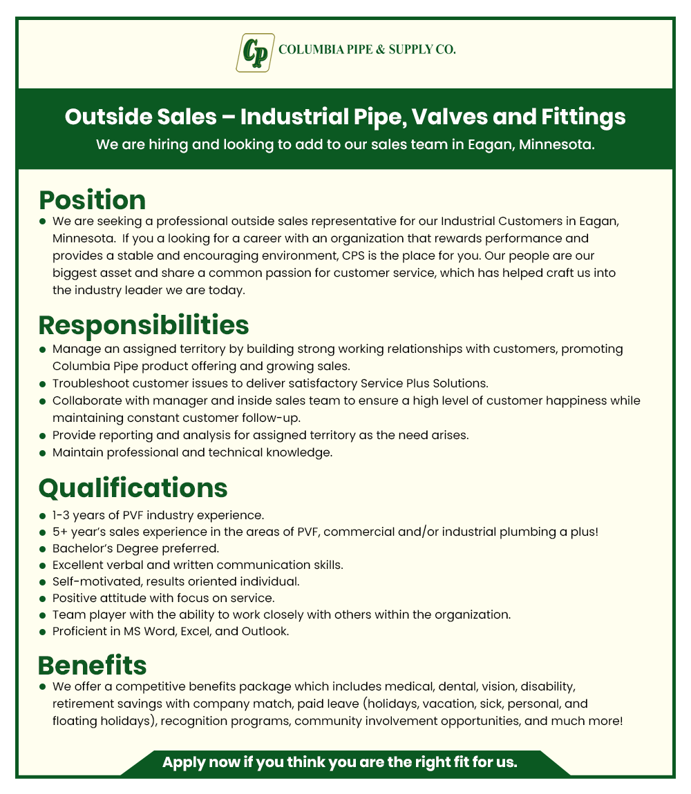 ColumbiaPipeCo's tweet photo. Hiring Alert For Eagan, Minnesota!

Columbia Pipe &amp;amp; Supply Co, LLC is seeking a proven Industrial PVF Outside Sales Representative to fill an immediate need with growing market opportunities.

#Hiring #jobpost #columbiapipe #minnesota #opportunities #sales https://t.co/wqomdAMEBf