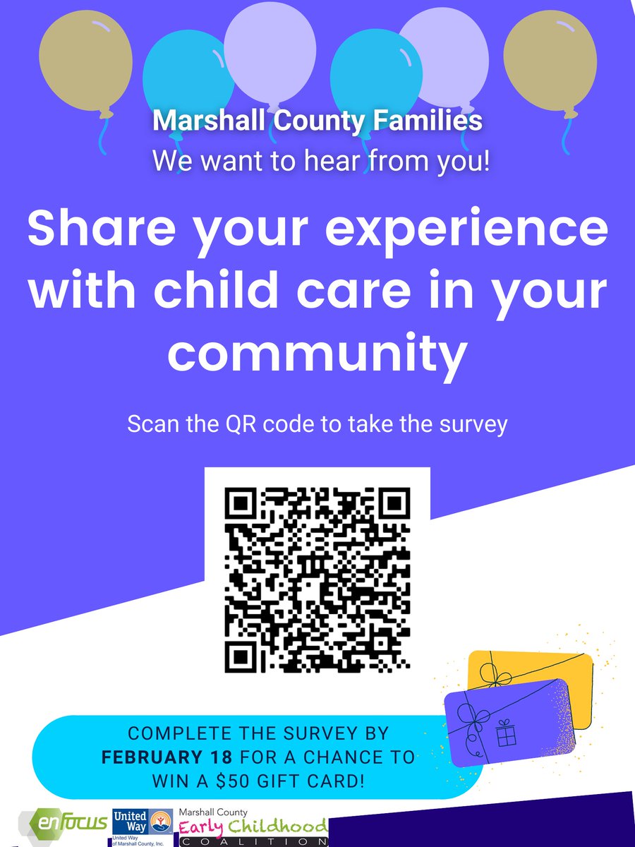 Marshall County Families

We want to hear from you!

Share your experience with child care in your community.

Scan the QR code to take the survey or use the following link: docs.google.com/forms/d/e/1FAI…

Complete the survey by February 18 for a chance to win a $50 gift card!