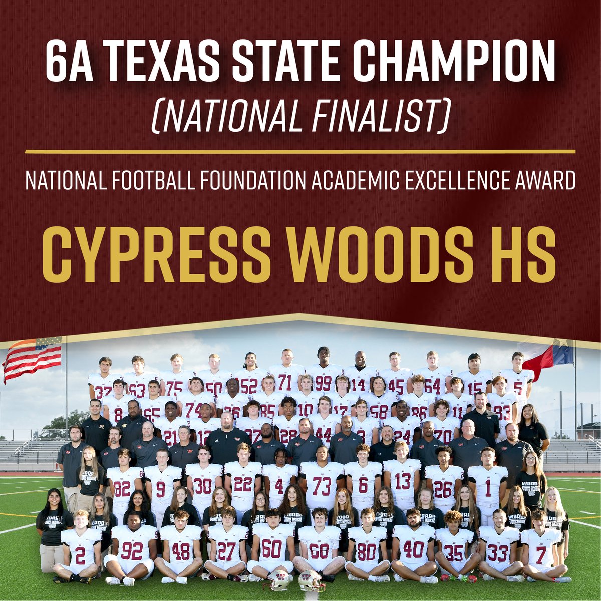 BIG CONGRATULATIONS to <a href="/CyWoodsFB212/">Cy Woods Football</a> for being named the <a href="/NFFNetwork/">National Football Foundation</a> Academic Excellence Award 6A Texas State Champion AND the OVERALL Champion of Texas/National Finalist!💪✏️ What an amazing year!

#StudentAthletes <a href="/CyFairISD/">Cypress-Fairbanks ISD</a>