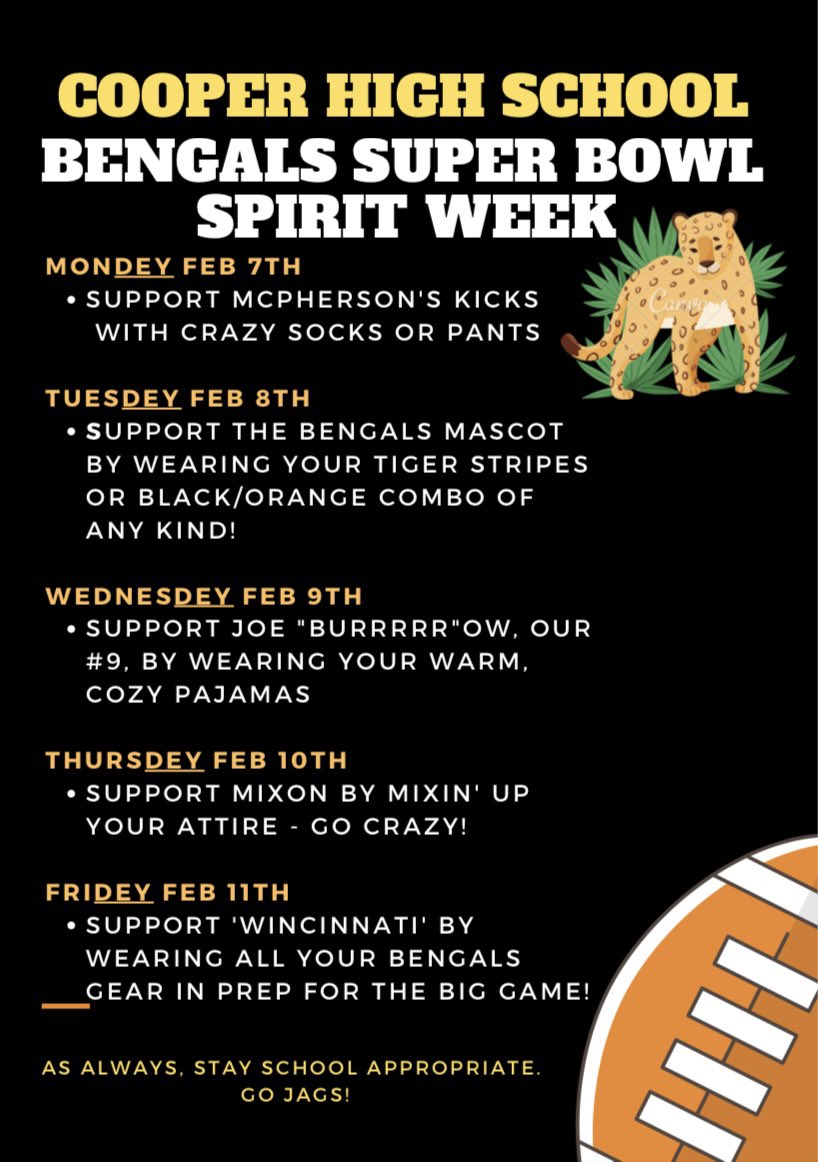 RCHS_Jaguars's tweet photo. Bengals Super Bowl Spirit Week!  Go Jags and Go Bengals! https://t.co/43WhWEy9H8