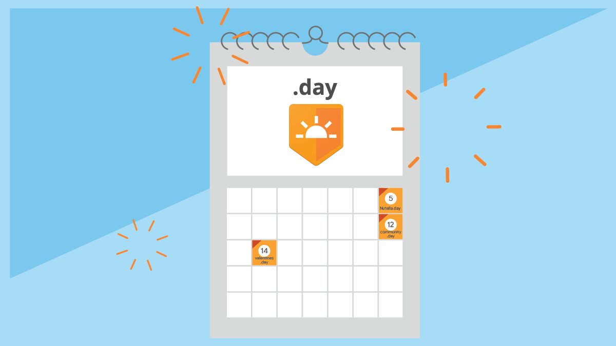 Blue illustration with a gray calendar in the middle of the frame. The top half of the calendar says .day in back text above an orange badge with a sun on it. Below it is a calendar grid, with three days shaded in orange with sun icons on them to signifiy the different days that are celebrated with .day websites.