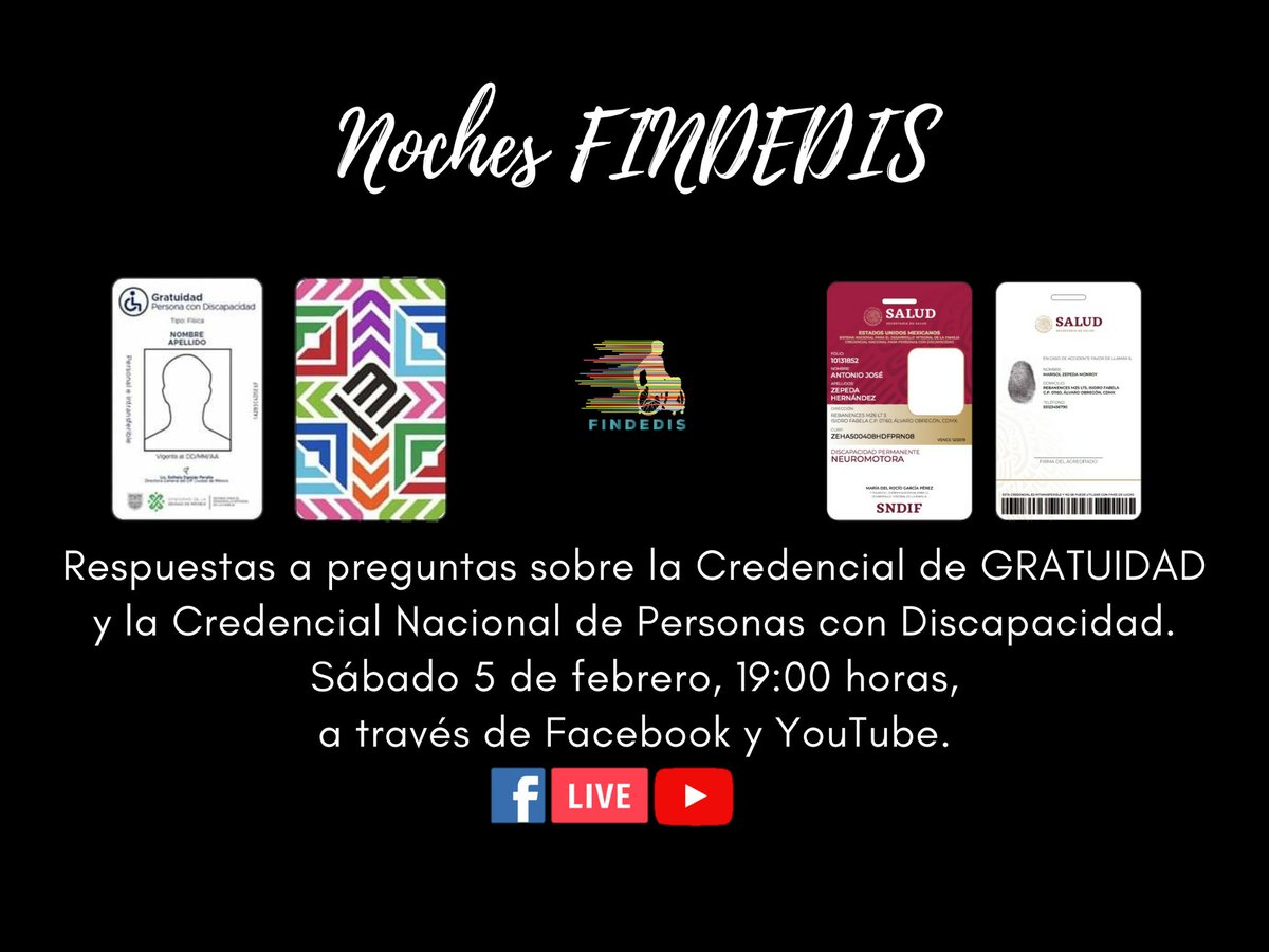 findedis's tweet image. Noches FINDEDIS presenta:

Respuestas a preguntas sobre la Credencial de GRATUIDAD y de la Credencial Nacional de Personas con Discapacidad.

Sábado 5 de febrero, 19hrs. 
A través de Facebook y YouTube:
m.facebook.com/FINDEDIS.AC/
youtube.com/channel/UC4lYn…
 
#FINDEDIS #Livestreaming