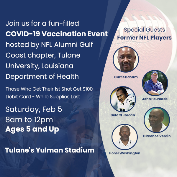 nflajax's tweet photo. Our #NFL brothers from #NFLAlumni Gulf Coast Chapter are hosting @NFLAlumniHealth #community #vaccination event Sat., Feb. 5th, 8am-12pm. Location: Jill H. &amp; Avram A. Glazer Family Club at Yulman Stadium. For more details: https://t.co/GJ48MMrMsQ #NFLAlumniHealth https://t.co/RpwtdzOoZN