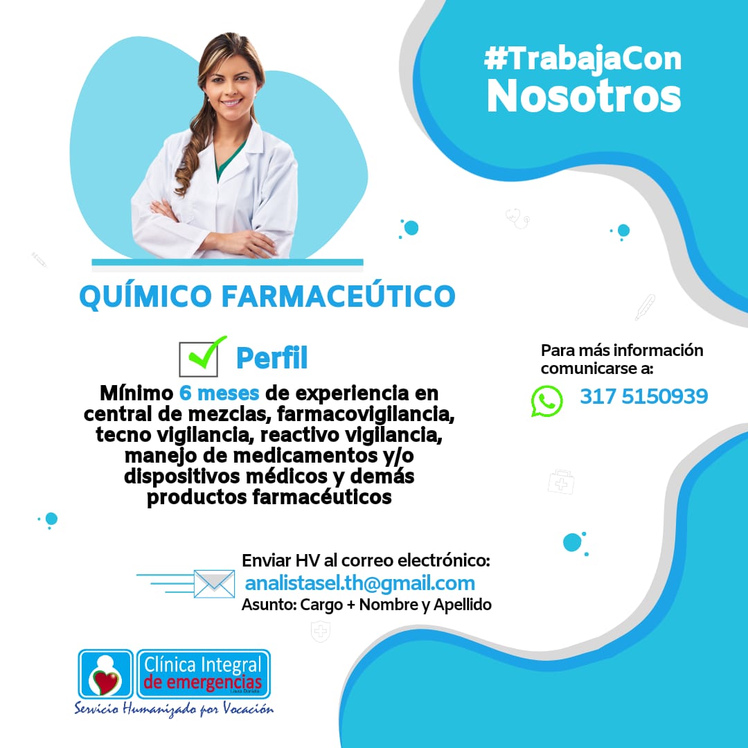 CIEValledupar's tweet photo. #TrabajoSiHay ⚠️ Gran convocatoria ⚠️ Clínica Integral de Emergencias Laura Daniela requiere:

➡️ Químico Farmacéutico

--
Envié su hoja de vida al correo electrónico analistasel.th@gmail.com
📍Indicar en el asunto: vacante a la que aplica - nombre y apellido. https://t.co/u1g2l8S9zj