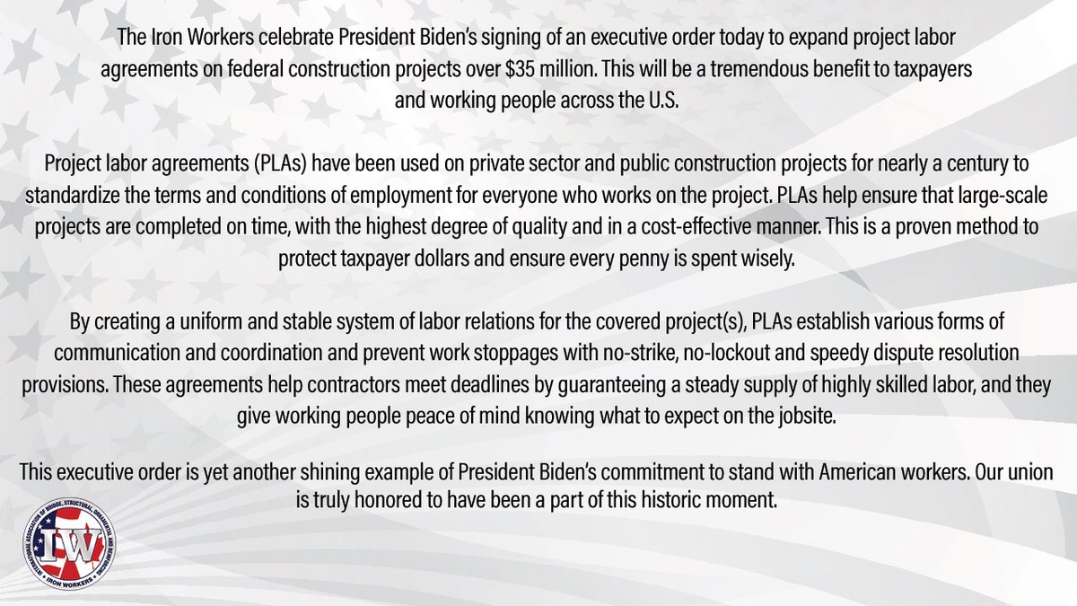 TheIronworkers's tweet image. The Iron Workers celebrate President Biden’s signing of an executive order today to expand project labor agreements on federal construction projects over $35 million. #ProjectLaborAgreement @POTUS @JoeBiden
