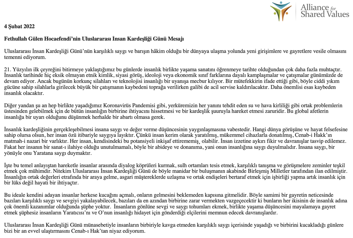 Muhterem Fethullah Gülen Hocaefendi’nin Uluslararası İnsan Kardeşliği Günü Mesajı: afsv.org/wp-content/upl…