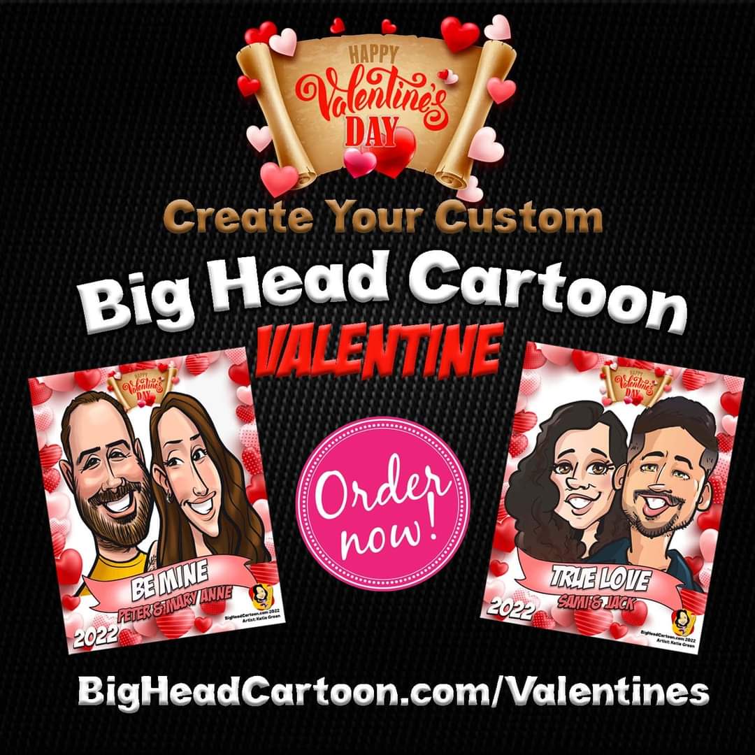 Order your custom #BigHeadCartoon Caricature Valentine NOW! BigHeadCartoon.com/valentines Drawn from your pics &amp; downloadable within 48hrs! #ThePerfectGift #ValentinesDay #ValentinesDayGift