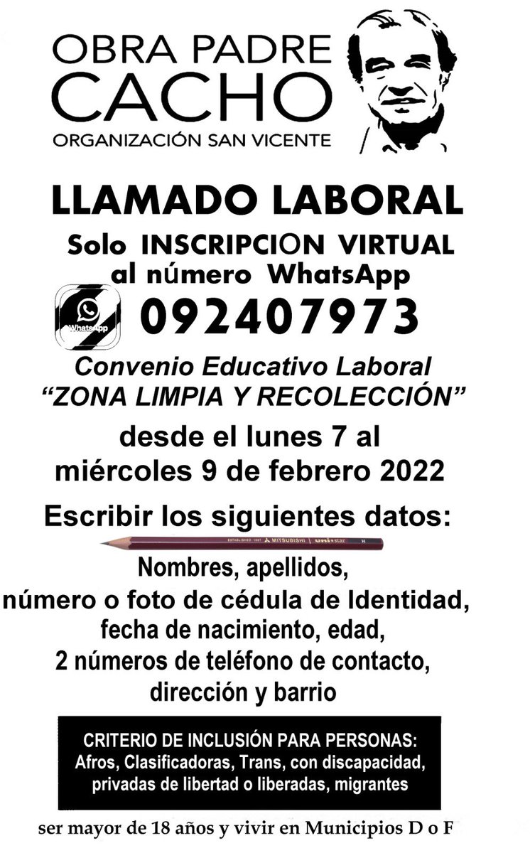 ObraPadreCacho's tweet photo. LLAMADO LABORAL. 
Se agradece RT. https://t.co/0GLeUJi6TH