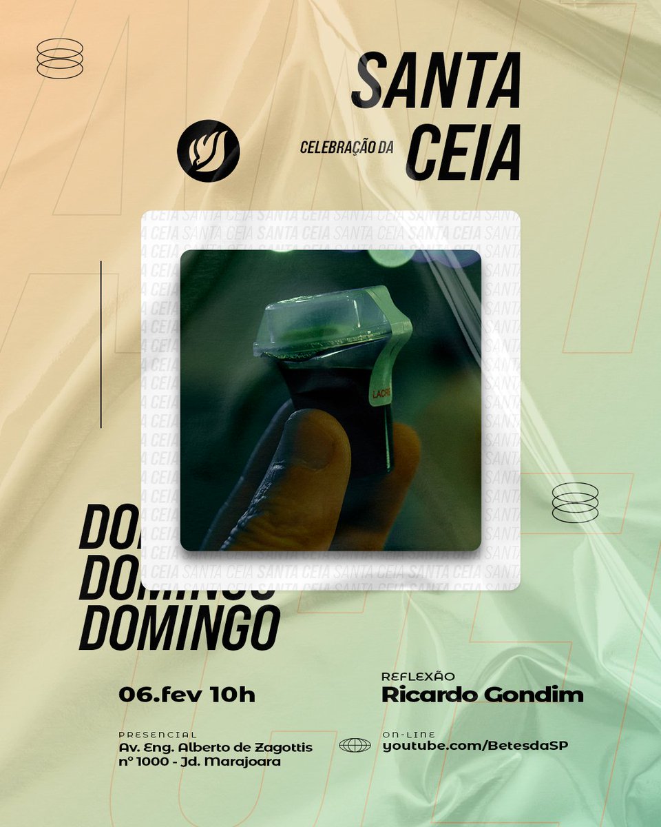 Domingo, 06 de fevereiro às 10h, teremos celebração da Santa Ceia. Venha participar do nosso culto, traga amigos e familiares. Aguardamos por você.

⚠️ Quem for participar do presencial, se possível traga um kg de alimento não perecível para ajudar nas cestas básicas.