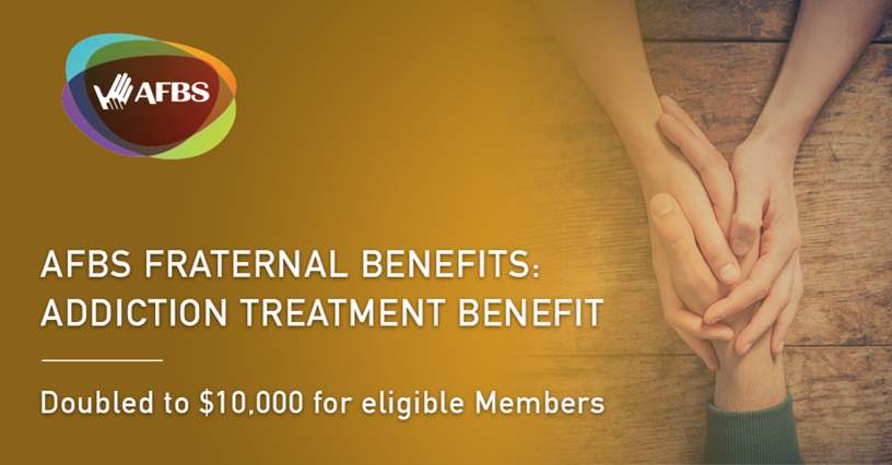 Another good news change to <a href="/AFBSCanada/">AFBS</a> Fraternal Benefits – they’ve doubled the Addiction Treatment Benefit to $10,000 so Members can get the treatment needed that’s often unaffordable. Learn more about this &amp; other Fraternal Benefits at afbs.ca/fraternal-bene…