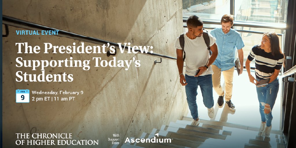 AscendiumEP's tweet image. Tune in Feb. 9 at 1 p.m. CST to hear college presidents’ perspectives about how leaders can best support today’s students. Brought to you by @chronicle and #Ascendium — sign up here! bit.ly/3sgyjWL

#FirstGenStudent