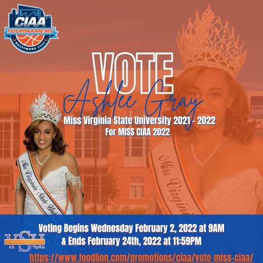IT’S THAT TIME ! 

Vote for Ashlee Gray for your next Miss CIAA 2022! Using the link, voting is UNLIMITED, Now to February 24, 2022 at 11:59pm. 

Please VOTE, SHARE, REPOST, SHARE, and VOTE! 

foodlion.com/promotions/cia…