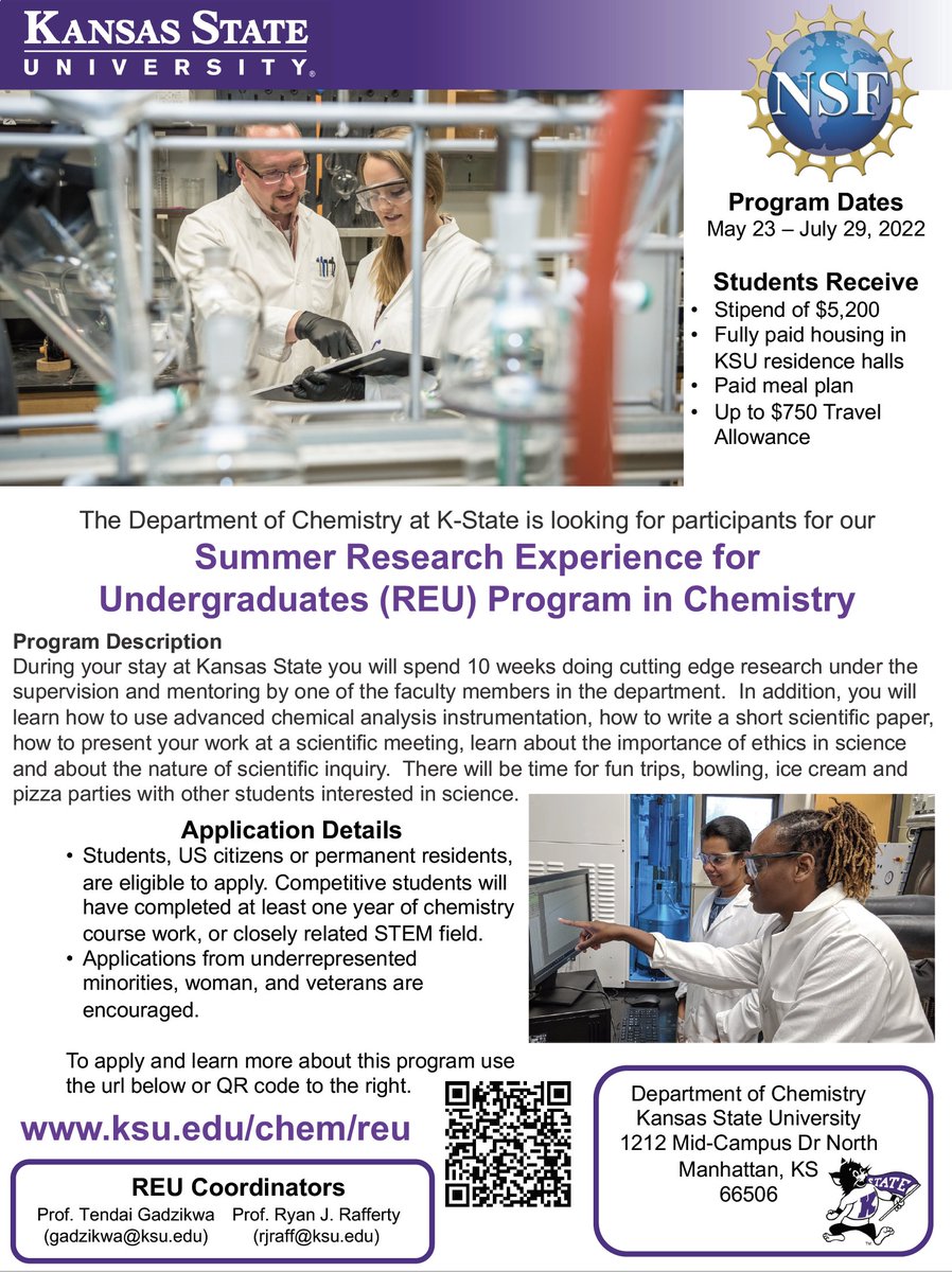 We're accepting application for our REU program this summer. Summer stipend $5,200, free lodging and meal plans, and up to $750 in travel allowances. Program runs May 23 - July 29. Apply at: ksu.edu/chem/reu.  . 
#NSFREU #SummerResearch