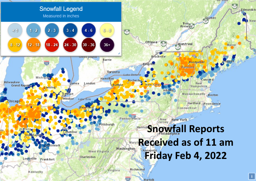 NWSEastern's tweet photo. Snowfall and ice accumulation reports for the February 3-4, 2022 storm. Highest snowfall totals by state:
NY - Paris 17"
VT - Warren 17"
IN - Leiters Ford 17"
ME - Newry 16"
MI - Mottville 14.1"
NH - Whitefield 14"
OH - Chardon 13"
PA - Townville 12.5"
KY - Burlington 4" https://t.co/KpWV1L4s7g