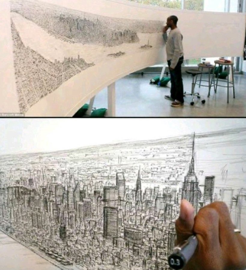 Stephen Wiltshire, a British Artist with Autism, was flown around NY city in a helicopter for 45 minutes.  
He then drew the entire city on canvas, from memory ❤️ 
#beautiful #talent #Autism