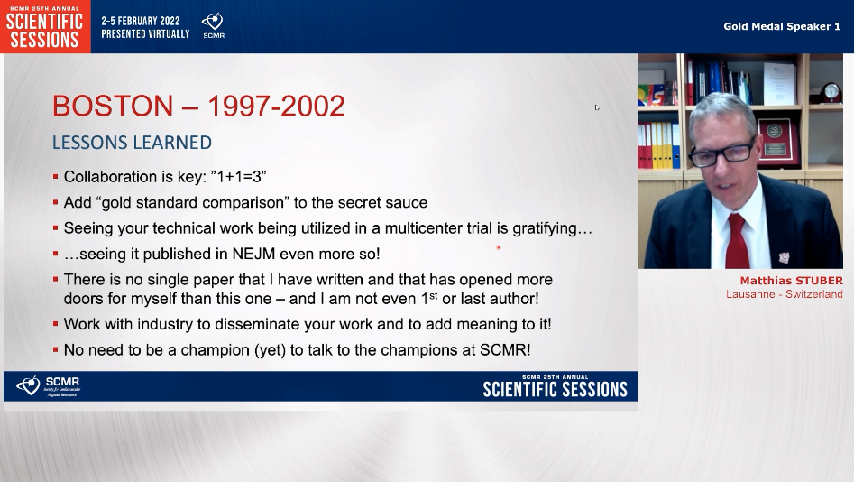 swleun2's tweet photo. Gold Medal #SCMR22 winner @Mstuber_MRI gave an inspiring talk about his career.  Many lessons learned.
 - collaborate, collaborate, collaborate
 - there will be failure
 - the only constant in #whyCMR is change
 - embrace new technology! https://t.co/wAgcKqMwyB