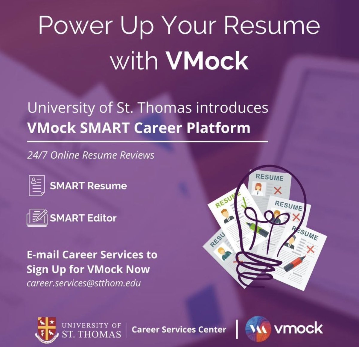 Celts we are excited to share with y’all a few career resources for you! 🦁
VMock offers students 24/7 access by providing resume feedback based on their major, experience, and career interests. 
Please visit Vmock create your account and login with your Celt ID to start creating