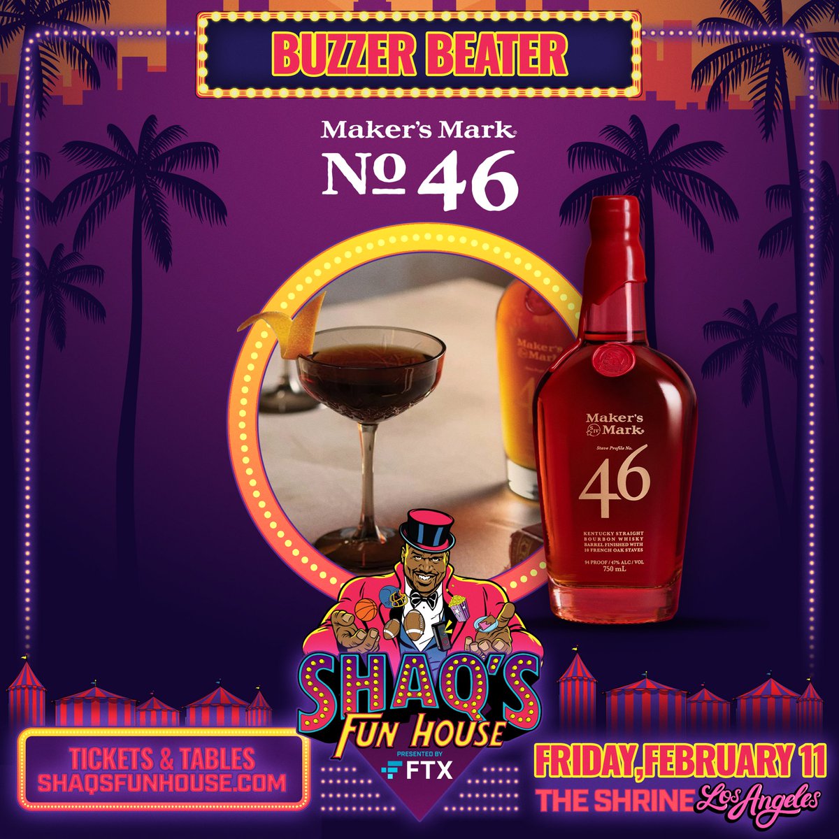 ShaqsFunHouse's tweet photo. We're thirstin' for @MakersMark bourbon cocktails, like the Buzzer Beater! 🥃  Enjoy more bourbon and have more fun 🥳  at Shaq's Fun House and you just might find yourself 'clawing' for special prizes 🧸  with the Maker's Mark 46 human claw machine. https://t.co/emzFzkbeqe
