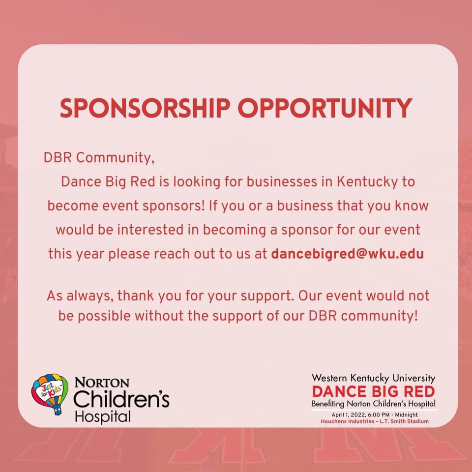 DanceBigRed's tweet photo. SEEKING COMMUNITY SPONSORS

We are looking for business across the state to become sponsors for our annual event.

As always, thank you for supporting DBR and @NortonChildrens #jfk https://t.co/9ExNnCSM3h