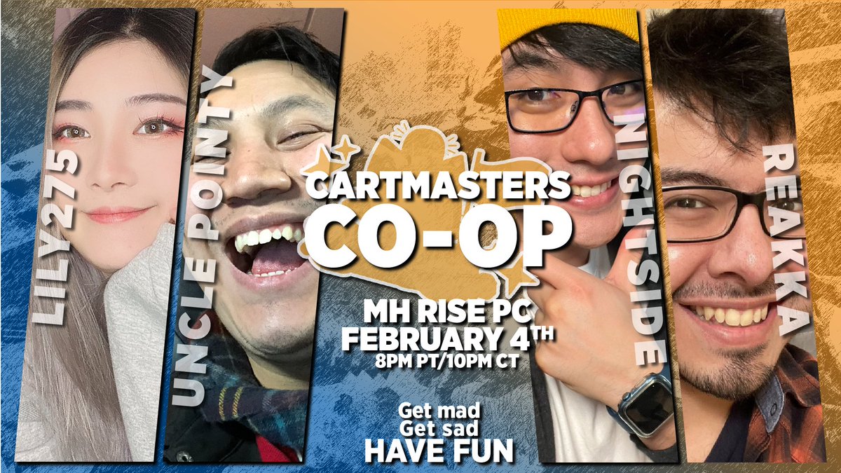 NightsideGaming's tweet image. /// STREAMER COLLAB ///
Who: @lilyy275 @Reeakka @ReallyPointy @NightsideGaming
 
What: #MonsterHunterRise PC
When: February 4th at 8PM PT

Second CM Co-Op of the year and going strong! Come hang, get mad, get sad, AND HAVE FUNN

(sorry for the multiple posts. stinky laptop ;-;)