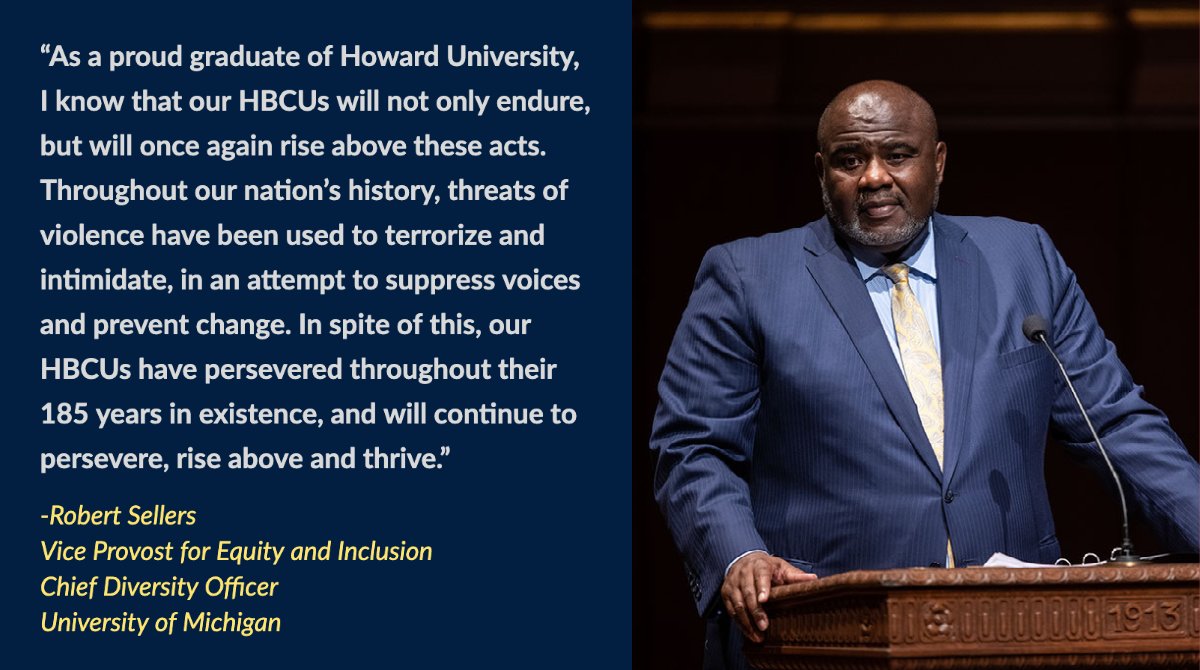 UMich Diversity (@umichdiversity) on Twitter photo "The University of Michigan, a fellow institution dedicated to the educational uplift of humanity, condemns the recent bomb threats that have been levied against several Historically Black Colleges and Universities." -<a href="/DrRobSellers/">Dr. Rob Sellers</a>
FULL STATEMENT | myumi.ch/DJrEG "The University of Michigan, a fellow institution dedicated to the educational uplift of humanity, condemns the recent bomb threats that have been levied against several Historically Black Colleges and Universities." -<a href="/DrRobSellers/">Dr. Rob Sellers</a>
FULL STATEMENT | myumi.ch/DJrEG