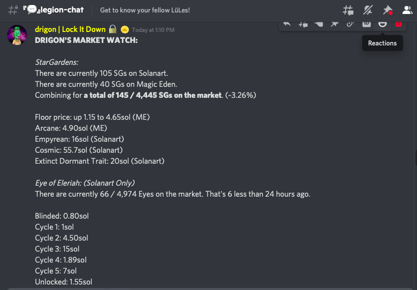 PlayStarGarden's tweet photo. This week on Discord, @Drigon91 "Market Watch" was born and here was the first report. He pulled information  from both secondary marketplaces @SolanartNFT &amp; @MagicEden_NFT  #marketwatch #history #luunelegion https://t.co/KMeRxq7e1F