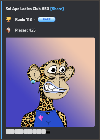 Sol Ape Ladies Club 🚀 (@solapeladiesclb) on Twitter photo ❤️🔥 ɢɪᴠᴇᴀᴡᴀʏ - ʀᴀʀᴇ ɴғᴛ worth $250+ ❤️🔥
✨ Win SALC #50 - a NFT easily worth more than $250
🕒 48 hours
1️⃣ Like/RT & Tag at least 3 people on this tweet
2️⃣ Follow us <a href="/solapeladiesclb/">Sol Ape Ladies Club 🚀</a>
3️⃣ Join discord.gg/HqHEyrYrhq
#Solana #SolanaNFTs #SolanaGiveaways #NFT #Giveaway ❤️🔥 ɢɪᴠᴇᴀᴡᴀʏ - ʀᴀʀᴇ ɴғᴛ worth $250+ ❤️🔥
✨ Win SALC #50 - a NFT easily worth more than $250
🕒 48 hours
1️⃣ Like/RT & Tag at least 3 people on this tweet
2️⃣ Follow us <a href="/solapeladiesclb/">Sol Ape Ladies Club 🚀</a>
3️⃣ Join discord.gg/HqHEyrYrhq
#Solana #SolanaNFTs #SolanaGiveaways #NFT #Giveaway