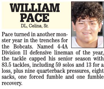 <a href="/williampace55/">William Pace</a> This man is an absolute animal and deserves all the accolades he is receiving. Along with being a 2 time 1st team All State DL, 2 time district DL MVP, he adds being a 2 time All Area 1st team DL. Incredible, Congratulations 😤🏈💯🔥🙏🏿