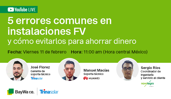 TrinaSolarLAC's tweet photo. Este 11 de febrero a las 11am CDMX descubre los “5 errores comunes en instalaciones fotovoltaicas y cómo evitarlos para ahorrar dinero” en nuestro primer webinar del 2022, junto a @BayWa_re_na y los expertos en el tema de #novotegra #Huawei
Inscríbete en https://t.co/UYf5JOGVf1 https://t.co/b9sHOHaHn5
