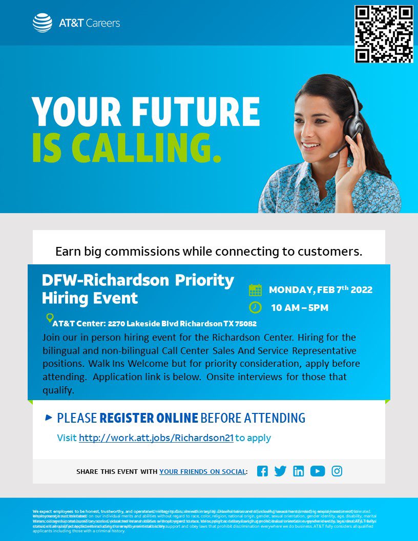 Greg_RodgersAM's tweet photo. Richardson Telesales Hiring Event
Monday, Feb. 7th 2022, 10:00AM-5:00PM
2270 Lakeside Blvd Richardson TX 75082
Apply here: https://t.co/7Wrh8UsaA5
Interviewing Call Center Sales &amp; Bilingual Spanish Call Center Sales
Multiple Openings! Tell your friends! https://t.co/tf6pAEVis7