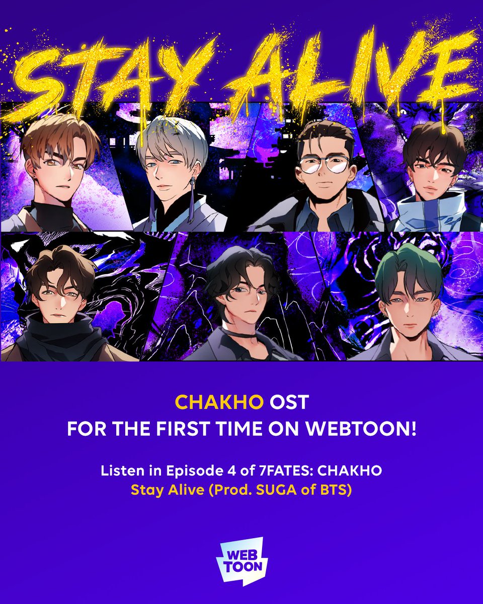 Your exclusive first look at the first verse of #StayAlive (Prod. SUGA and sung by Jung Kook of #BTS) from the official #7FATES_CHAKHO OST - only on #WEBTOON! 🎵 #StayAlive_CHAKHO

👇Listen now!
bit.ly/3glkBfN