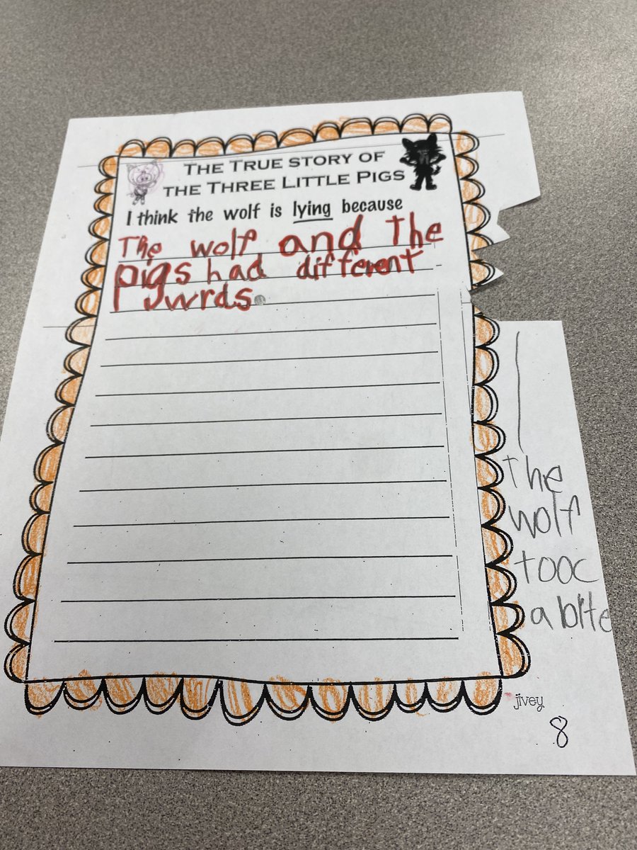 Started off our opinion writing unit reading The True Story of the Three Little Pigs. We aren't so sure we believe the Big Bad Wolf's side of the story. He even took a bite of this paper!