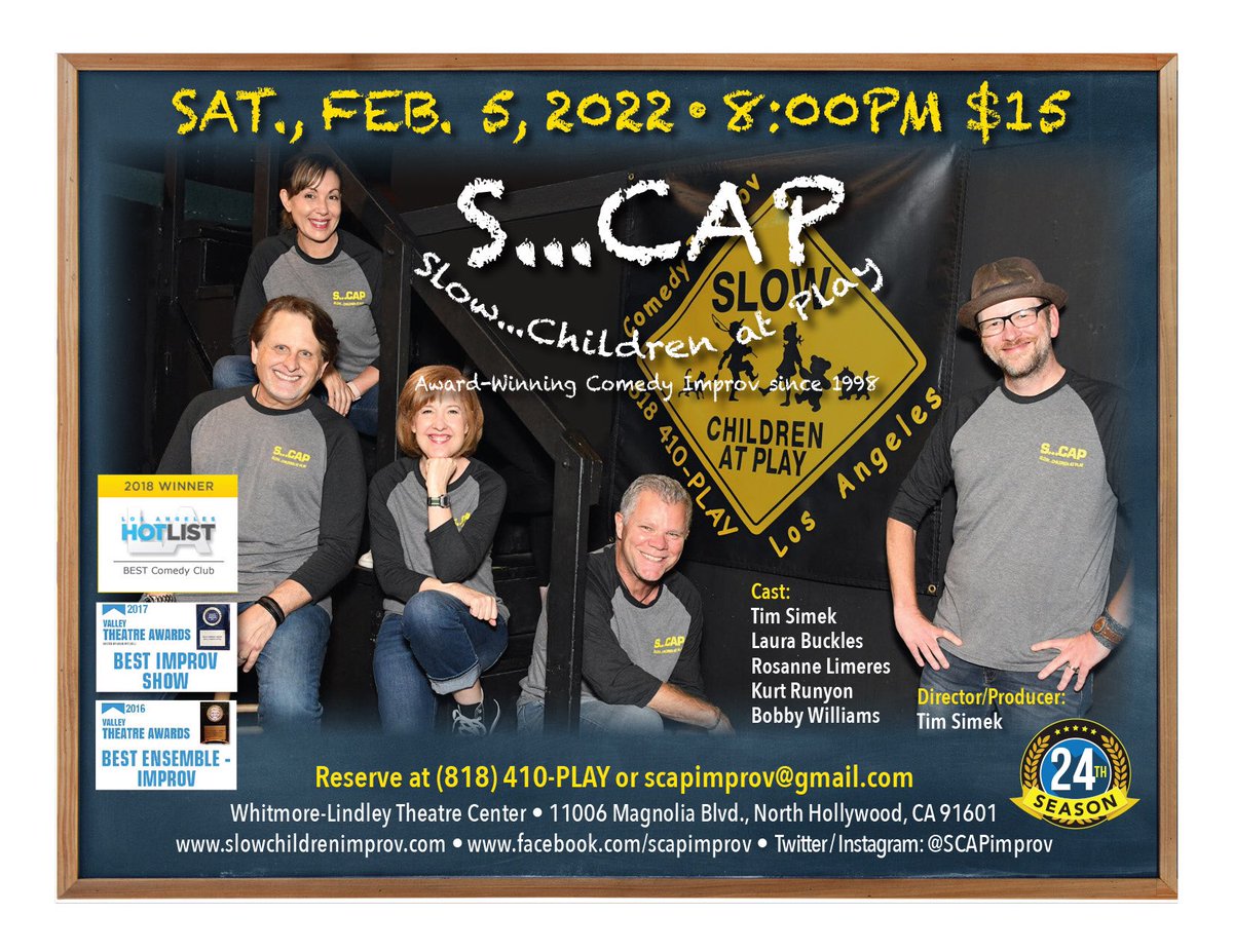 First @scapimprov show of our 24th season is tomorrow (Sat.) @ 8pm. $15 tix. If you’re in the L.A. area, (818) 410-PLAY [7529] or scapimprov@gmail.com for seats. #awardwinningcomedyimprov #24thseason #scap #nohoartsdistrict #whitmorelindleytheatre #laughterisenergizing 🎭🤙👏🤣😂