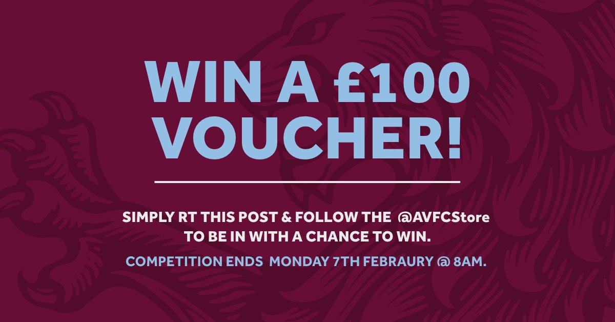 🎉WIN a £𝟭𝟬𝟬 𝗩𝗢𝗨𝗖𝗛𝗘𝗥!

Simply retweet this post &amp; follow <a href="/AVFCStore/">AVFC Online Store</a> to be in with a chance to win.

Competition ends midnight Monday 7th February 2022. The winner will be selected on Tuesday 8th February 2022.

Good Luck Villans!🦁
