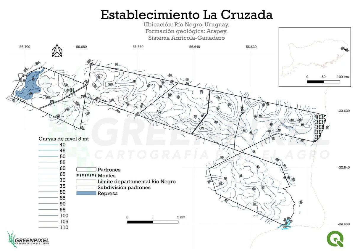 greenpixelagro's tweet image. 🌿Establecimiento La Cruzada.
🇺🇾
Curvas de nivel (5 y 1 mt), subdivisión de potreros, pendiente, clasificación por grupos CONEAT y suelos.

#QGIS #quantumgis #mapping