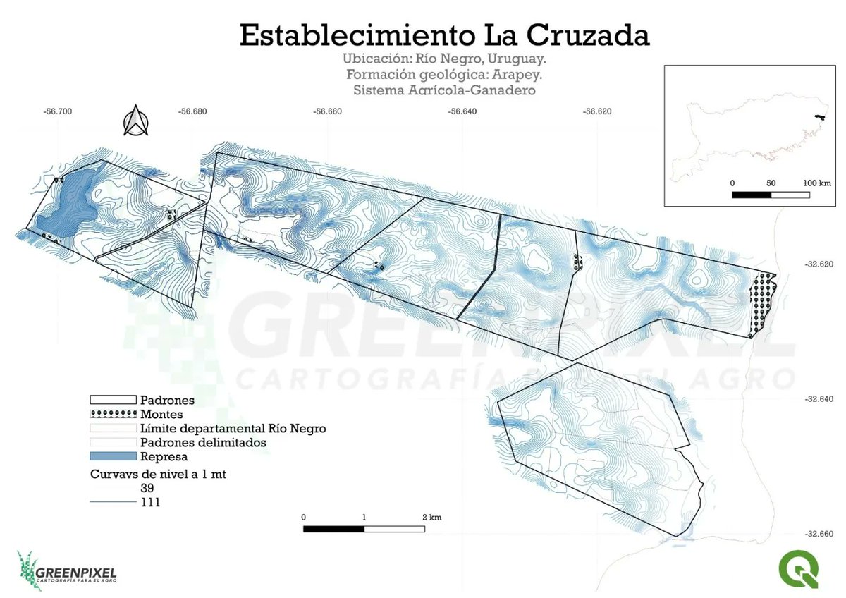 greenpixelagro's tweet image. 🌿Establecimiento La Cruzada.
🇺🇾
Curvas de nivel (5 y 1 mt), subdivisión de potreros, pendiente, clasificación por grupos CONEAT y suelos.

#QGIS #quantumgis #mapping