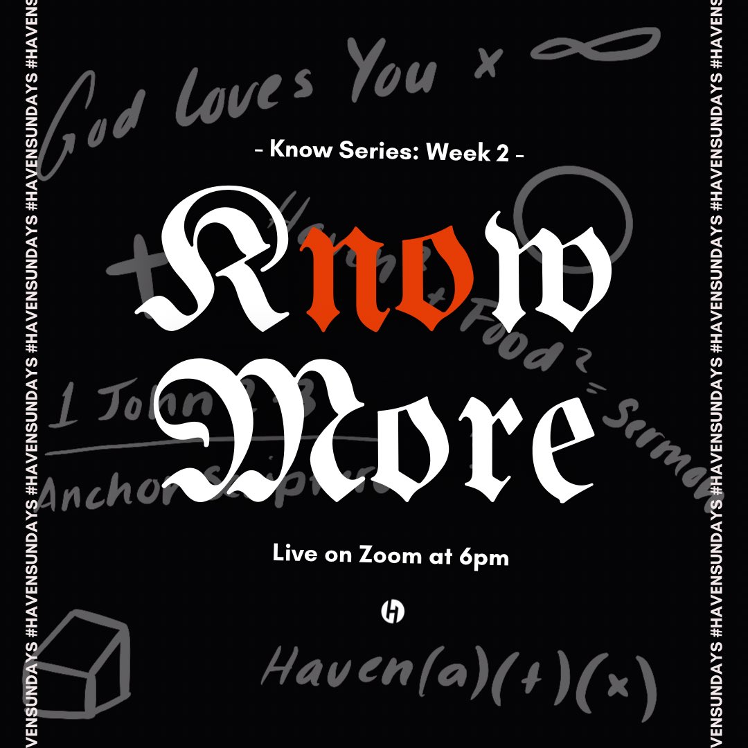 Join us this weekend for #HAVENSUNDAY at 6pm on Zoom! 

We have so much to talk about in our “Know Series” dedicated to knowing who God really is. 

You’re welcome to tune in from anywhere! See you this Sunday! 🙌