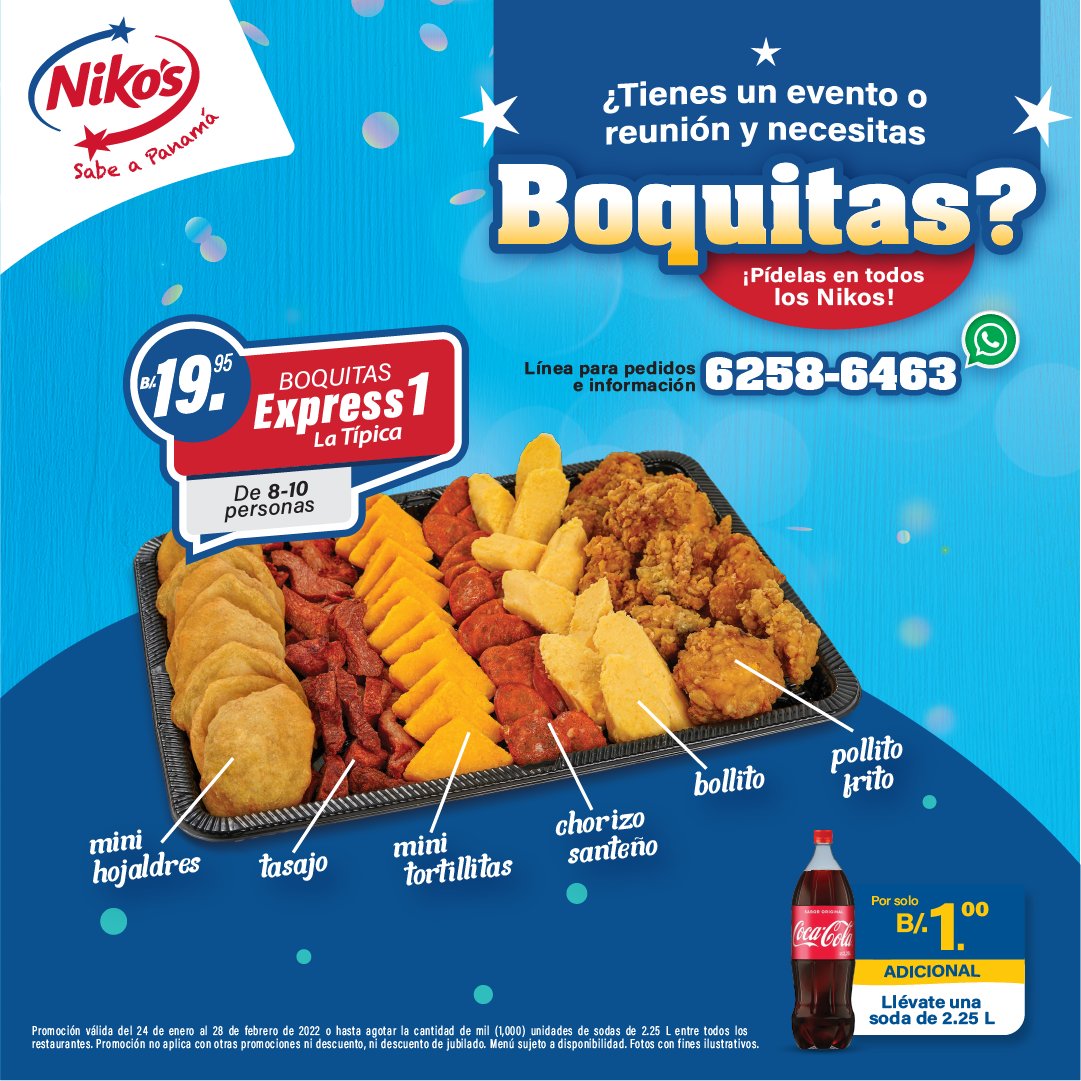 NikosCafe's tweet photo. ¿Tienes una reunión o parking en tu chantin y quieres las mejores boquitas?

No te preocupes ¡Ven a Nikos y te resolvemos con nuestras Boquitas Express y por $1 adicional te llevas una Coca Cola de 2.25lts!

#nikoscafe #promoción #nikossabeapanama #boquitas https://t.co/fsygmB7TZw